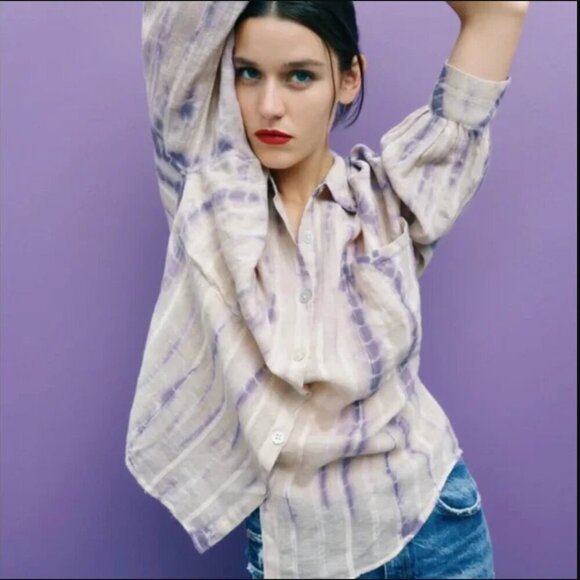 Zara Tie-Dye Linen Blend Blouse Limited Edition Womens Size Small Purple Relaxed - Picture 1 of 9
